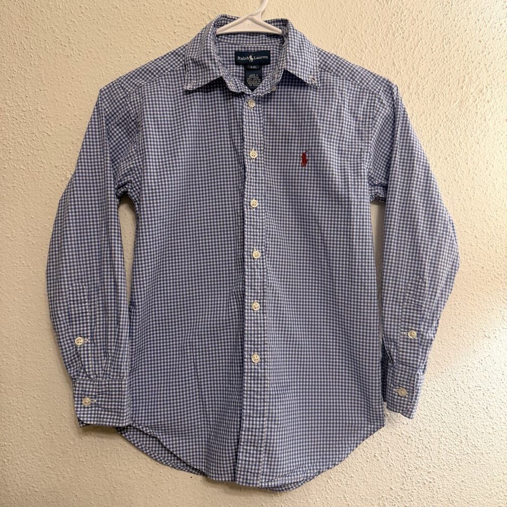 Ralph Lauren Boys Size 8 Blue White Gingham Button-Down Shirt Collared
